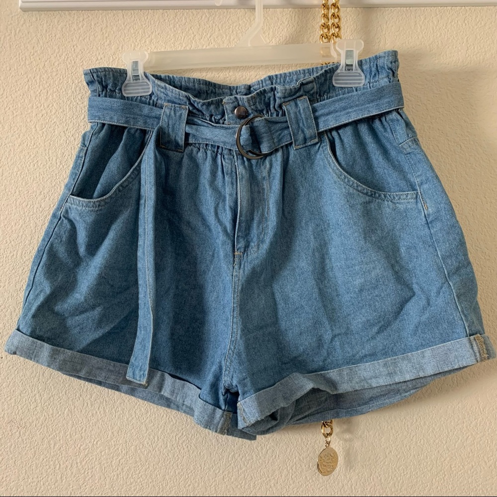 Cotton On Light Blue Paperbag High-Waisted Denim Shorts w/ Tie Waist